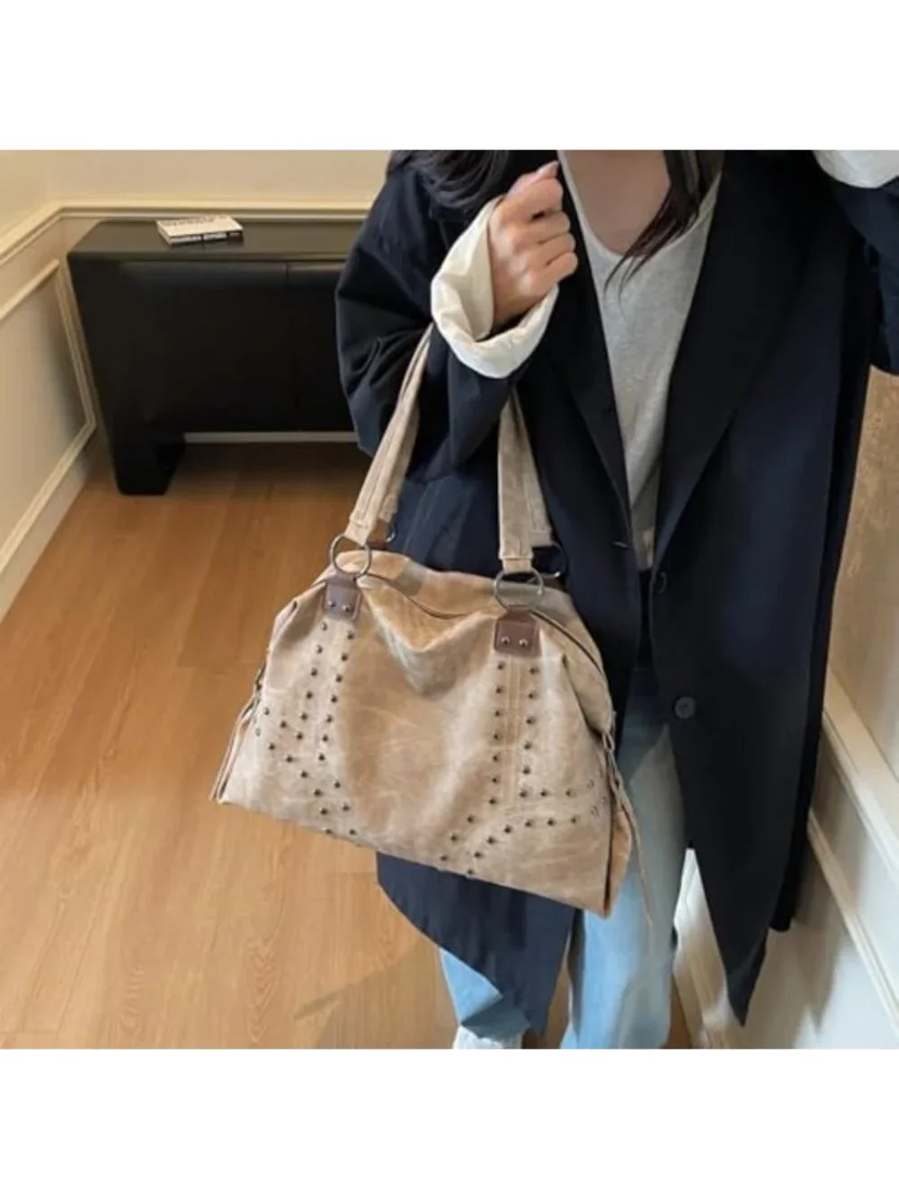 Trendy Faux Leather Studded Tote Handbag - Y2K Punk Hobo Shoulder Bag for Women